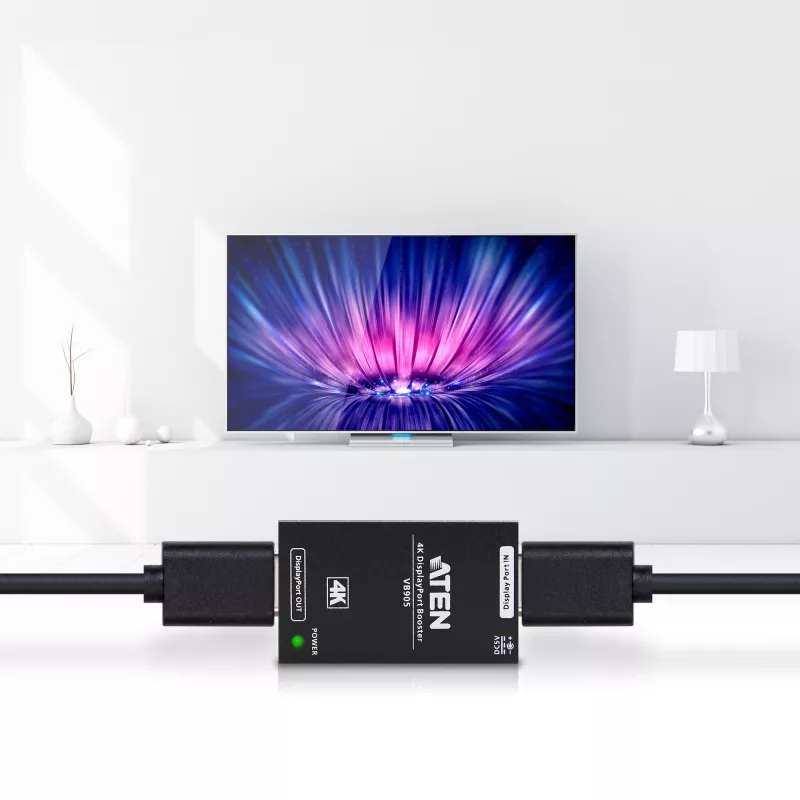 AV-kordisti ATEN 4K Display Port Booster VB905-AT-G — 4K (4096×2160), juhtmega, 20 m ulatus, 5 V/2,6 A, must