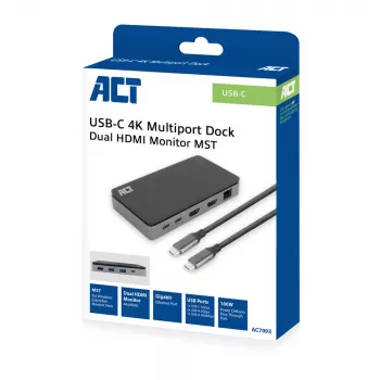 ACT USB-C 4K MST dokkimisjaam 2 HDMI monitorile, Ethernet, USB-C, 3x USB-A, PD läbivoolu ja 1-meetrine eemaldatav ühenduskaabel