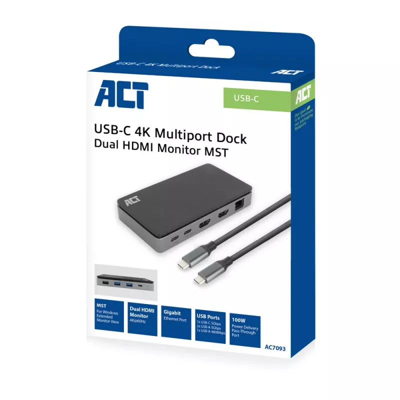 ACT USB-C 4K MST dokkimisjaam 2 HDMI monitorile, Ethernet, USB-C, 3x USB-A, PD läbivoolu ja 1-meetrine eemaldatav ühenduskaabel