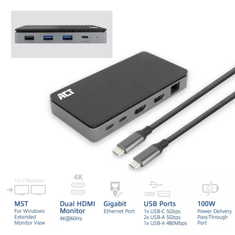 ACT USB-C 4K MST dokkimisjaam 2 HDMI monitorile, Ethernet, USB-C, 3x USB-A, PD läbivoolu ja 1-meetrine eemaldatav ühenduskaabel