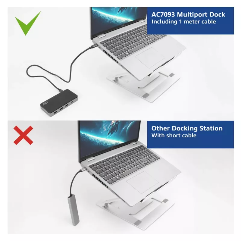 ACT USB-C 4K MST dokkimisjaam 2 HDMI monitorile, Ethernet, USB-C, 3x USB-A, PD läbivoolu ja 1-meetrine eemaldatav ühenduskaabel