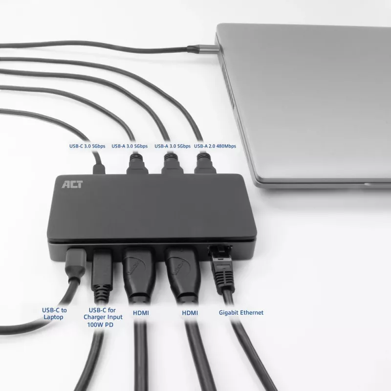 ACT USB-C 4K MST dokkimisjaam 2 HDMI monitorile, Ethernet, USB-C, 3x USB-A, PD läbivoolu ja 1-meetrine eemaldatav ühenduskaabel