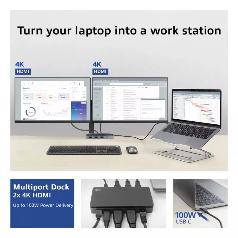ACT USB-C 4K MST dokkimisjaam 2 HDMI monitorile, Ethernet, USB-C, 3x USB-A, PD läbivoolu ja 1-meetrine eemaldatav ühenduskaabel