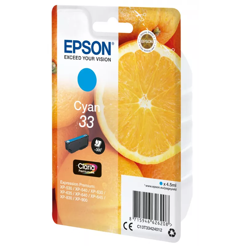 Epson oranžs Singlepack tsüaan 33 Claria Premium Ink, tsüaan, 4.5 ml, 1 tk, 300 lehekülge