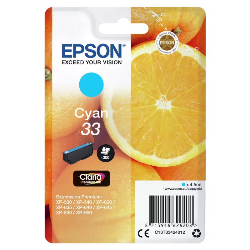 Epson oranžs Singlepack tsüaan 33 Claria Premium Ink, tsüaan, 4.5 ml, 1 tk, 300 lehekülge