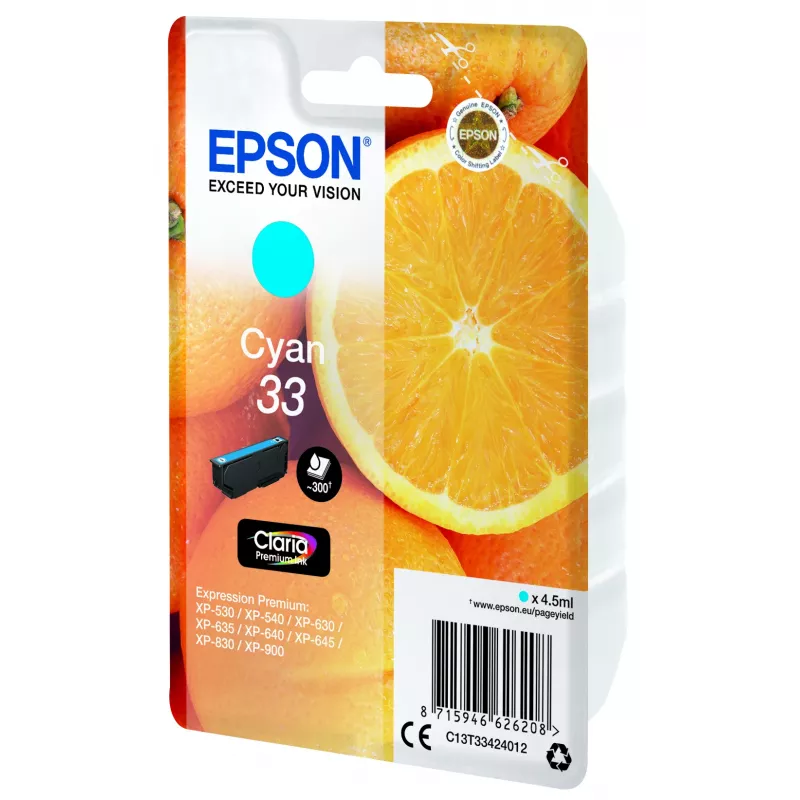 Epson oranžs Singlepack tsüaan 33 Claria Premium Ink, tsüaan, 4.5 ml, 1 tk, 300 lehekülge