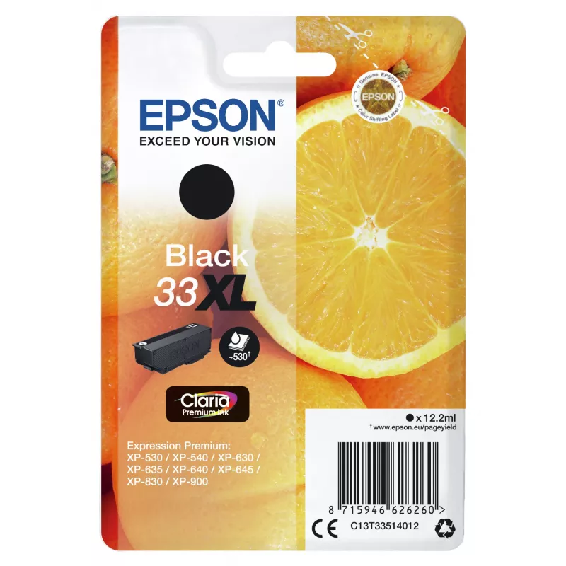 Epson oranžs üksikpakend must 33XL Claria Premium tint, kõrge (XL) tootlikkus, Must, pigmendipõhine tint, 12,2 ml, 1 tk