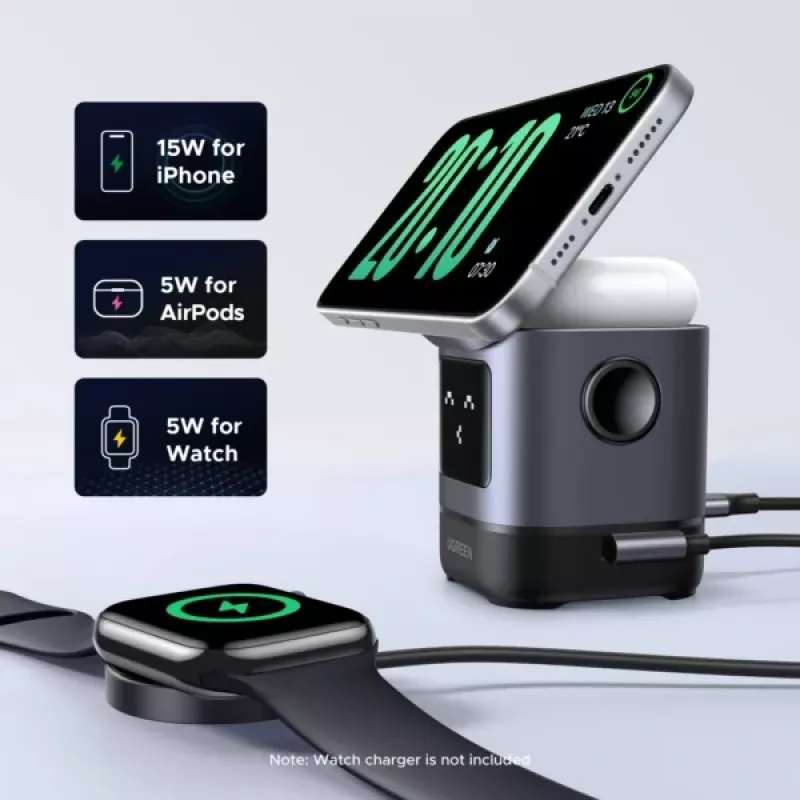 Laadija UGREEN 45775 — sisetingimustes kasutatav vahelduvvoolu juhtmevaba kiirlaadija, universaalne, 1× USB-C, must/hall
