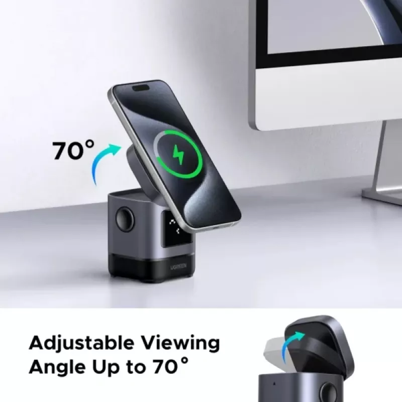 Laadija UGREEN 45775 — sisetingimustes kasutatav vahelduvvoolu juhtmevaba kiirlaadija, universaalne, 1× USB-C, must/hall