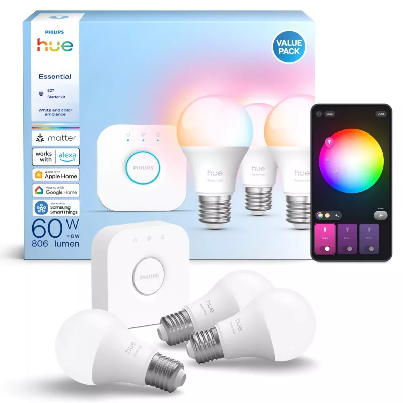 Nutivalgustuse komplekt Philips Hue White and colour ambience Essential — 3× E27 nutipirni, 806 lm, 8 W, Bluetooth/Zigbee