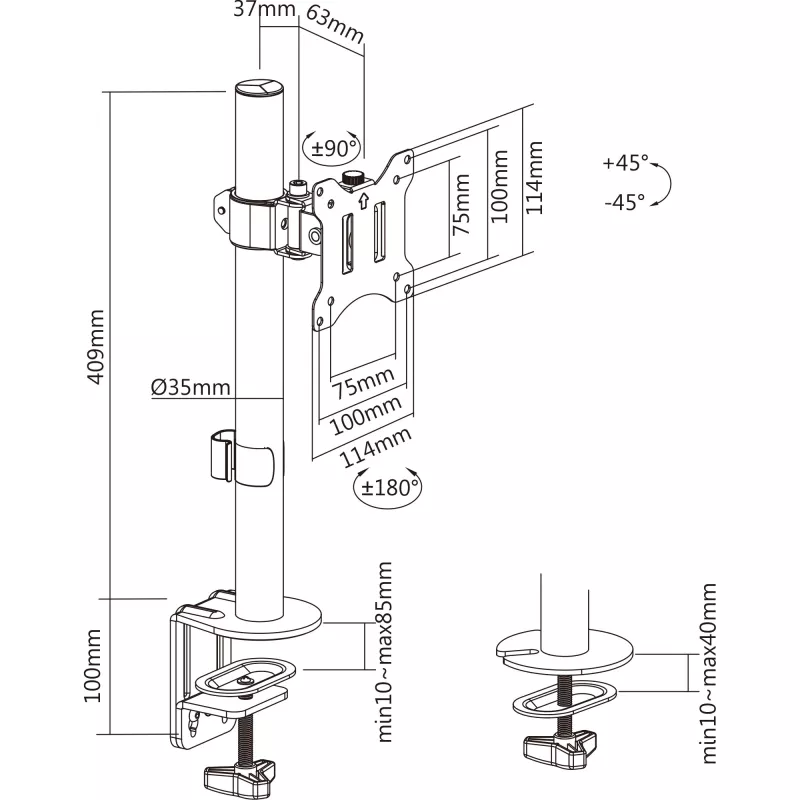 InLine lauaklamber teleri / LED / TFT ekraani jaoks kuni 81 cm 32 tolli max 9 kg must
