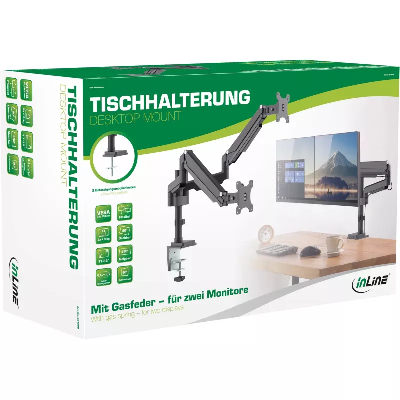 InLine lauakinnitus tõstukiga, kahele monitorile kuni 82 cm (32 tolli), 9 kg
