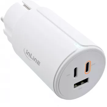 InLine USB PD toiteplokk, GaN-laadija, 3 pordiga, kaks USB-C + USB-A, 65W, valge