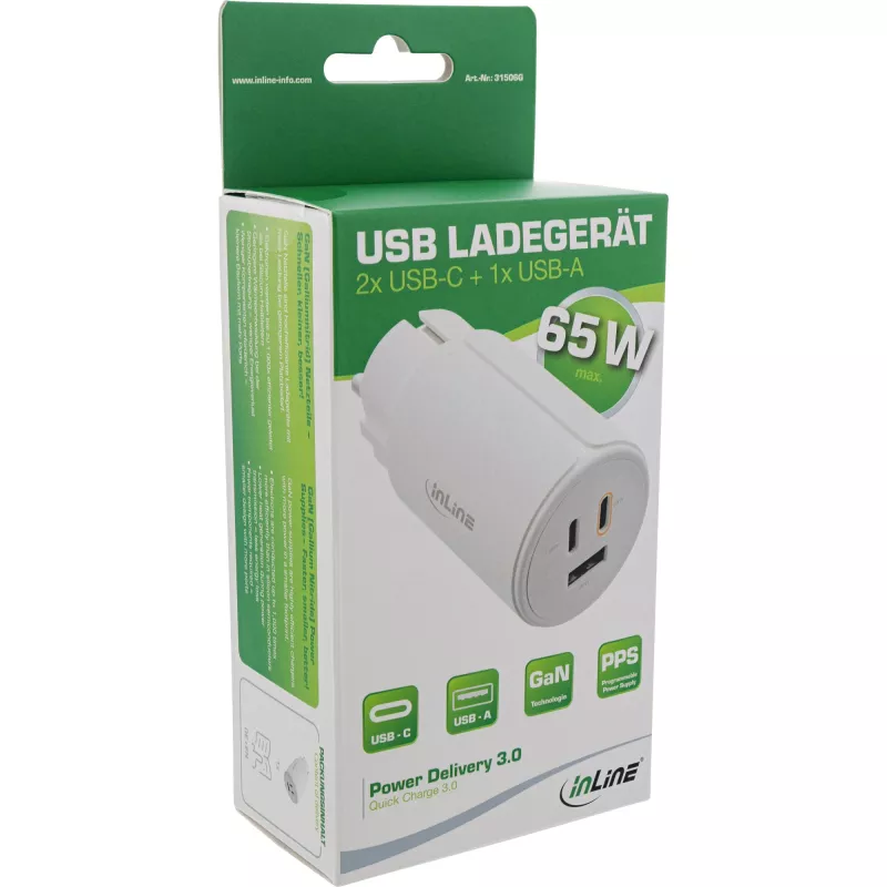 InLine USB PD toiteplokk, GaN-laadija, 3 pordiga, kaks USB-C + USB-A, 65W, valge
