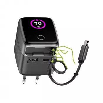 InLine USB toiteplokk, 70 W, GaN, USB-C PD + USB-A QC, kaabel 60 cm, must
