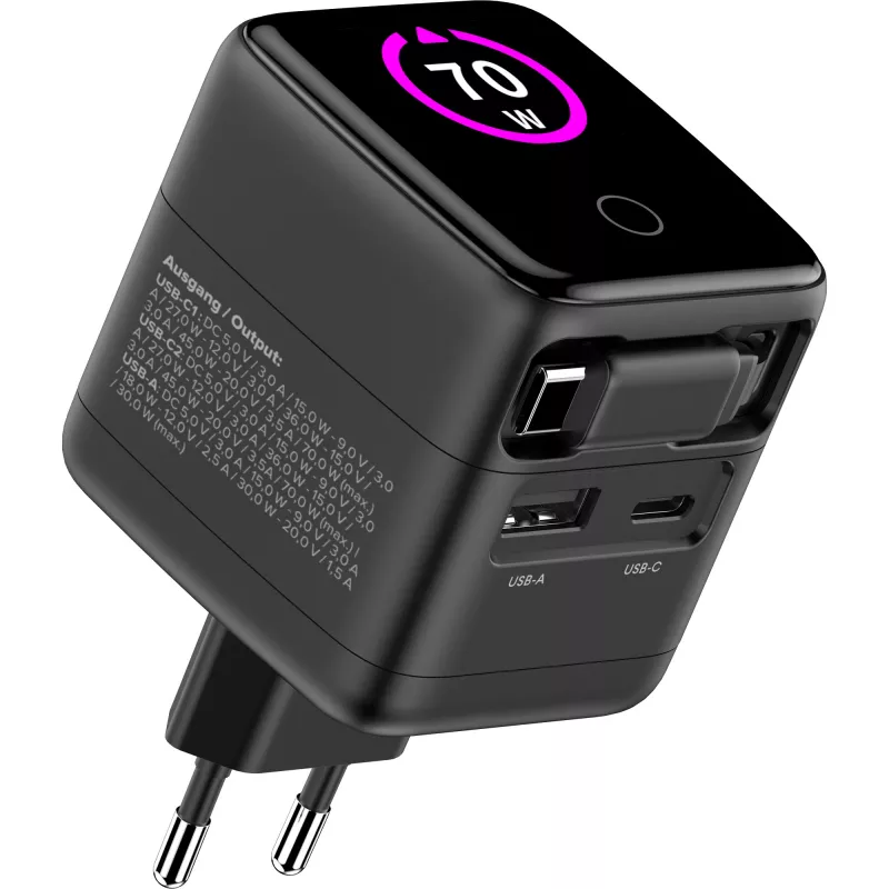 InLine USB toiteplokk, 70 W, GaN, USB-C PD + USB-A QC, kaabel 60 cm, must