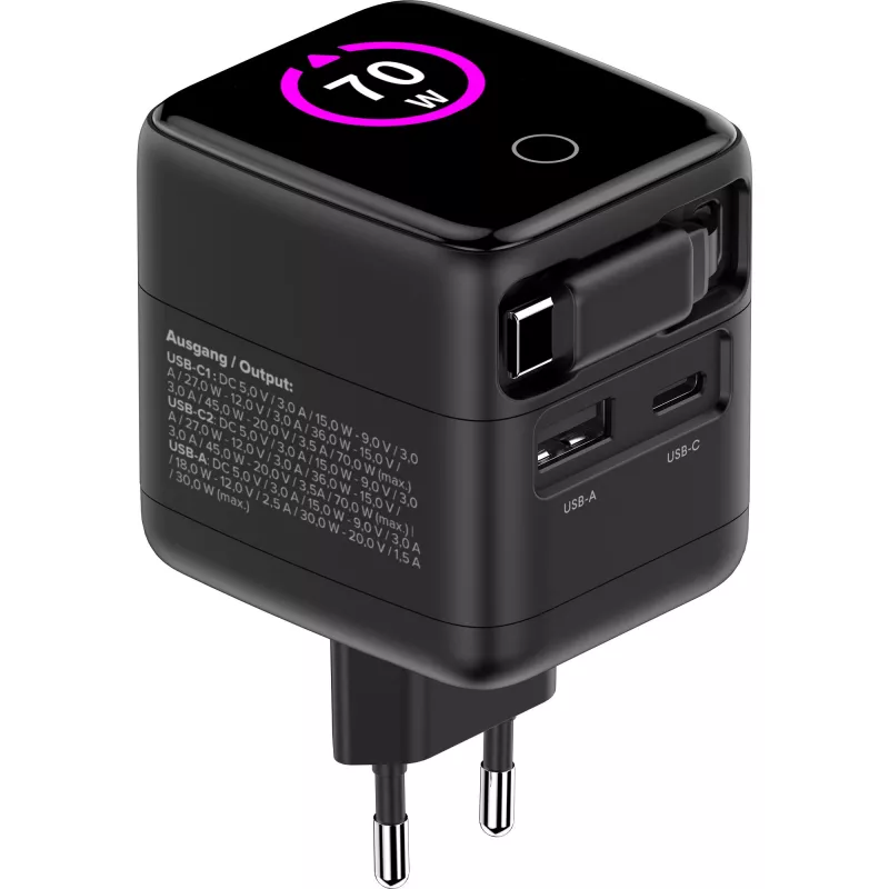 InLine USB toiteplokk, 70 W, GaN, USB-C PD + USB-A QC, kaabel 60 cm, must