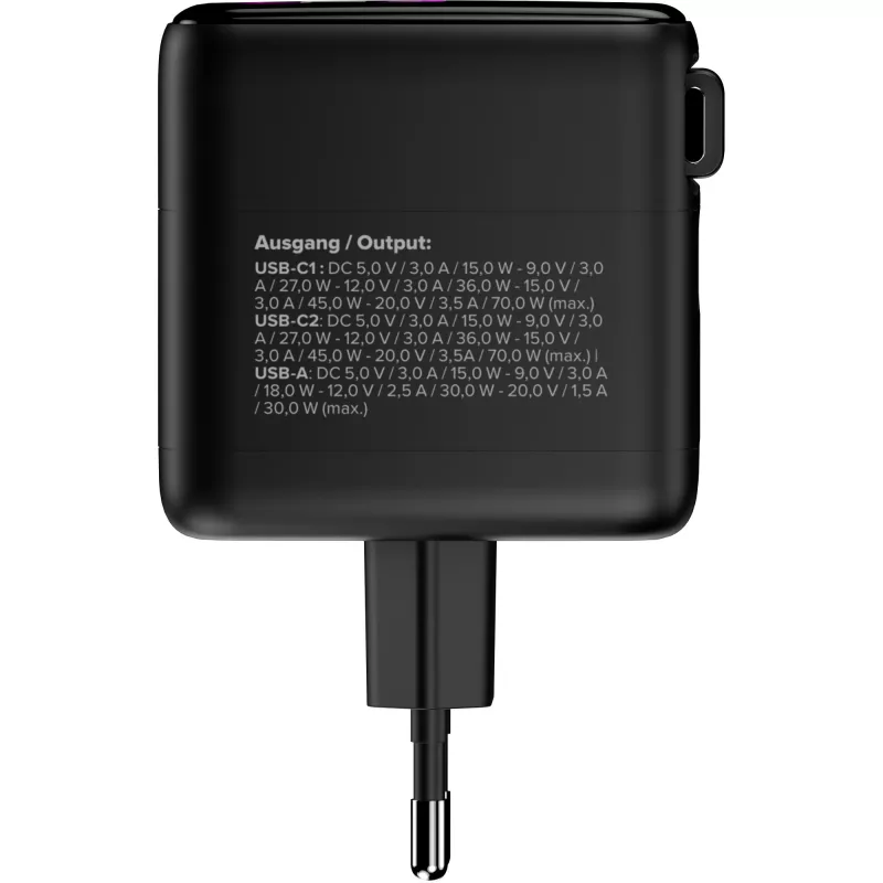 InLine USB toiteplokk, 70 W, GaN, USB-C PD + USB-A QC, kaabel 60 cm, must