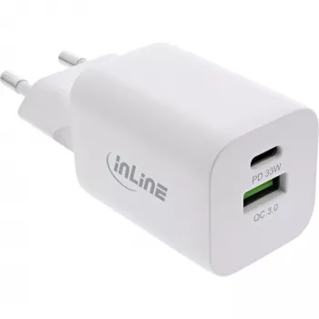 InLine USB toiteplokk, laadija USB-A + USB-C, 33W, PD + QC, valge