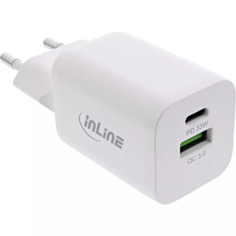 InLine USB toiteplokk, laadija USB-A + USB-C, 33W, PD + QC, valge