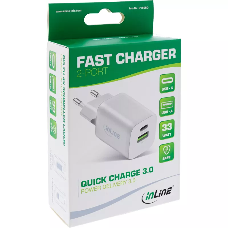 InLine USB toiteplokk, laadija USB-A + USB-C, 33W, PD + QC, valge