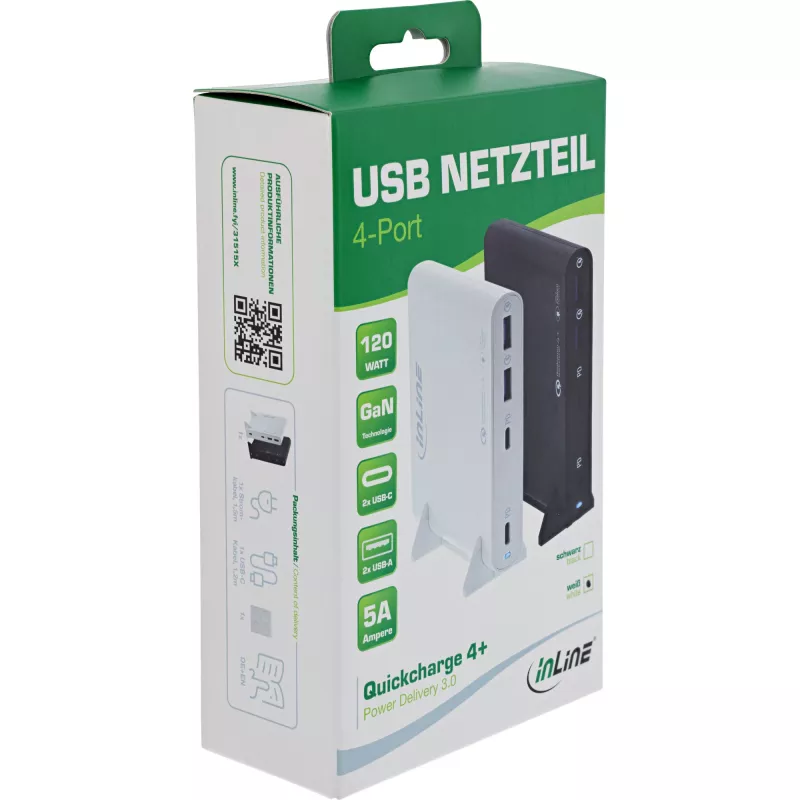 InLine USB toiteplokk, GaN-laadija, 4-portine, 2x USB-C + 2x USB-A, 120W, valge