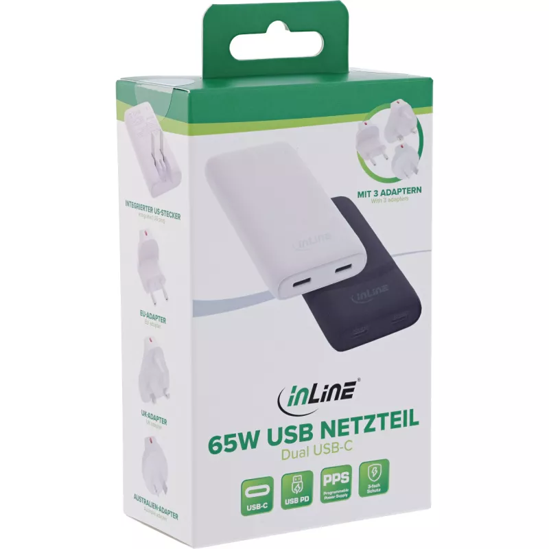 USB toiteplokk laadija InLine 31519C Dual USB-C 65W - kaks USB-C porti, 65 W koguväljund