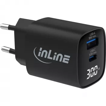 InLine USB PD toiteplokk, GaN laadija, 2-pordiline, USB-C + USB-A, 30 W, ekraaniga