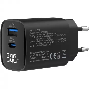 InLine USB PD toiteplokk, GaN laadija, 2-pordiline, USB-C + USB-A, 30 W, ekraaniga