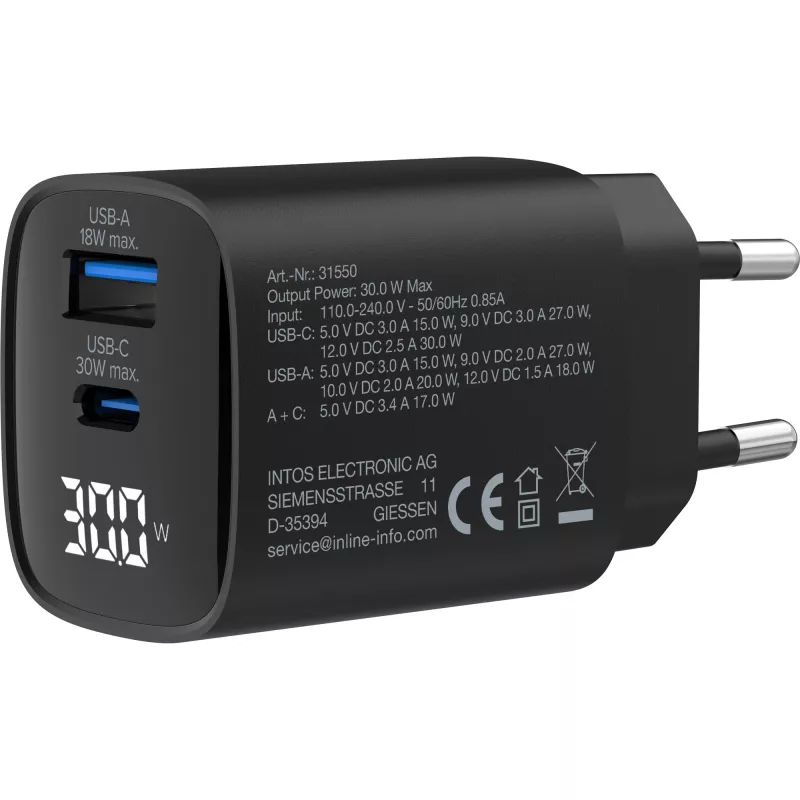 InLine USB PD toiteplokk, GaN laadija, 2-pordiline, USB-C + USB-A, 30 W, ekraaniga
