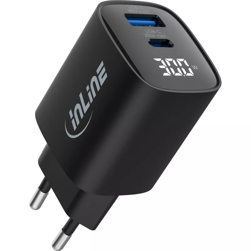 InLine USB PD toiteplokk, GaN laadija, 2-pordiline, USB-C + USB-A, 30 W, ekraaniga