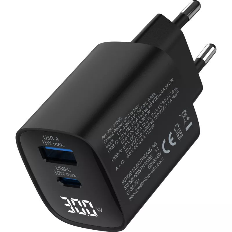 InLine USB PD toiteplokk, GaN laadija, 2-pordiline, USB-C + USB-A, 30 W, ekraaniga