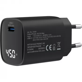InLine USB PD toiteplokk, GaN laadija, 1 pordiga, USB-C, 45 W, ekraaniga