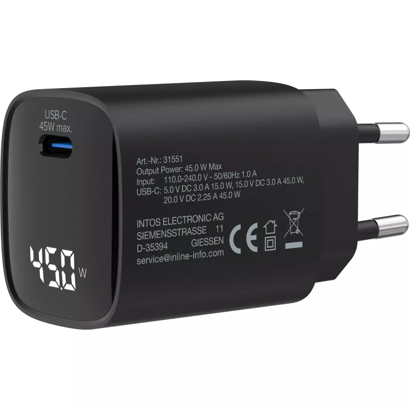 InLine USB PD toiteplokk, GaN laadija, 1 pordiga, USB-C, 45 W, ekraaniga