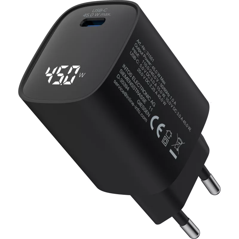 InLine USB PD toiteplokk, GaN laadija, 1 pordiga, USB-C, 45 W, ekraaniga