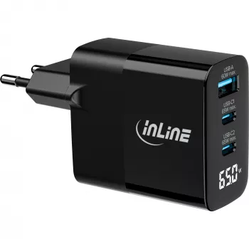 InLine USB PD toiteplokk, GaN laadija, 3 pordiga, USB-C + USB-A, 65 W, ekraaniga