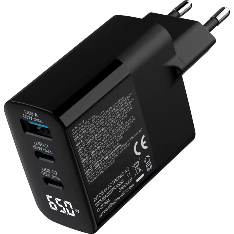 InLine USB PD toiteplokk, GaN laadija, 3 pordiga, USB-C + USB-A, 65 W, ekraaniga