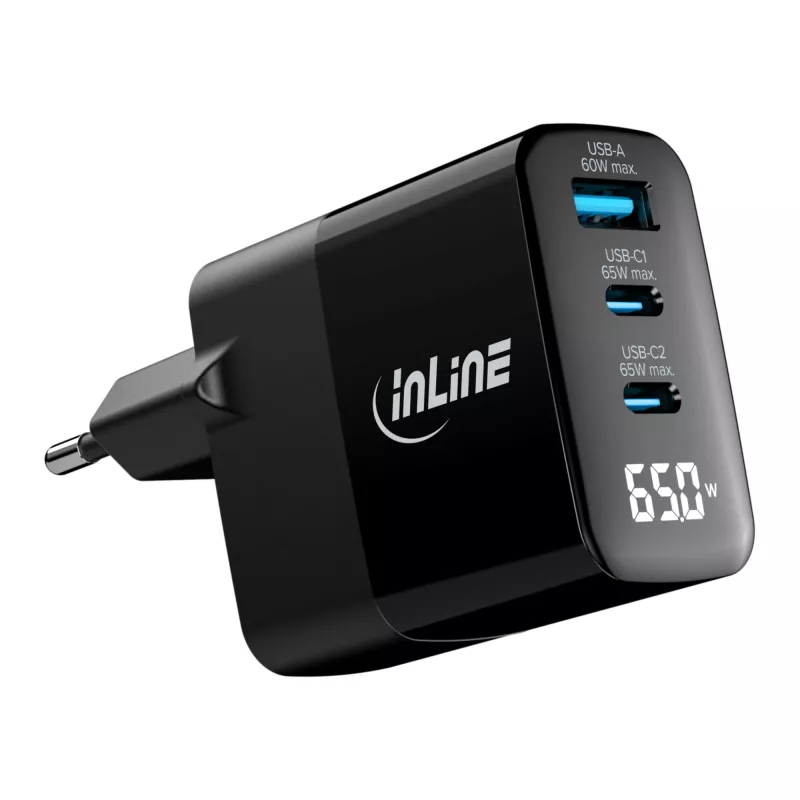 InLine USB PD toiteplokk, GaN laadija, 3 pordiga, USB-C + USB-A, 65 W, ekraaniga