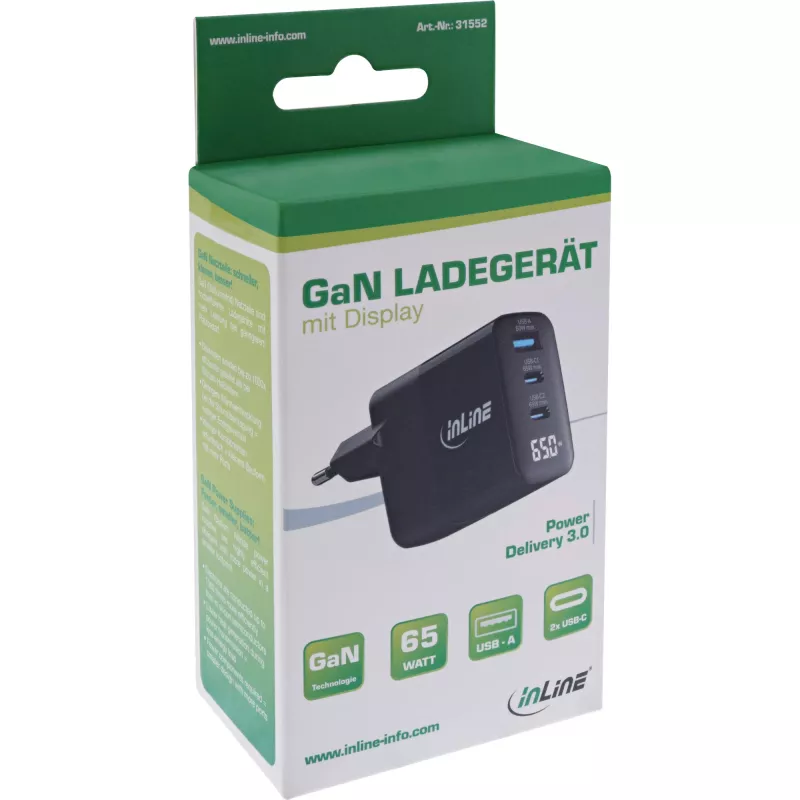 InLine USB PD toiteplokk, GaN laadija, 3 pordiga, USB-C + USB-A, 65 W, ekraaniga