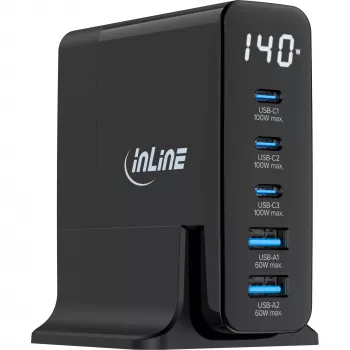 InLine USB PD toiteplokk, GaN laadija, 5 pordiga, USB-C + USB-A, 140 W, ekraaniga
