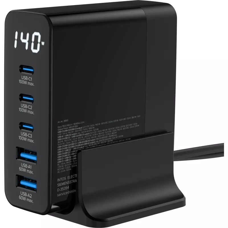 InLine USB PD toiteplokk, GaN laadija, 5 pordiga, USB-C + USB-A, 140 W, ekraaniga