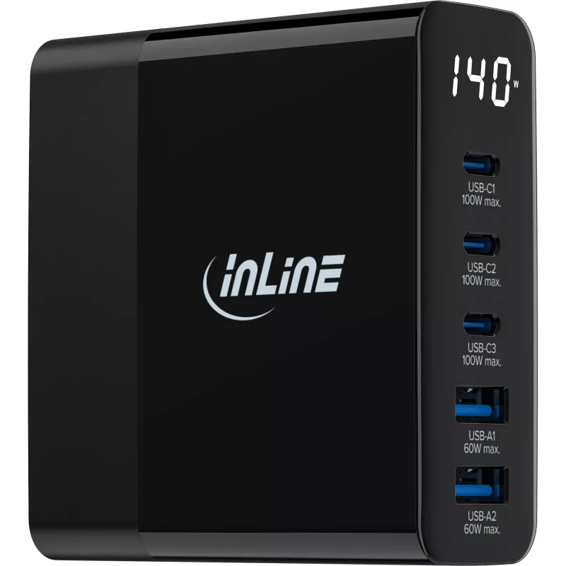 InLine USB PD toiteplokk, GaN laadija, 5 pordiga, USB-C + USB-A, 140 W, ekraaniga