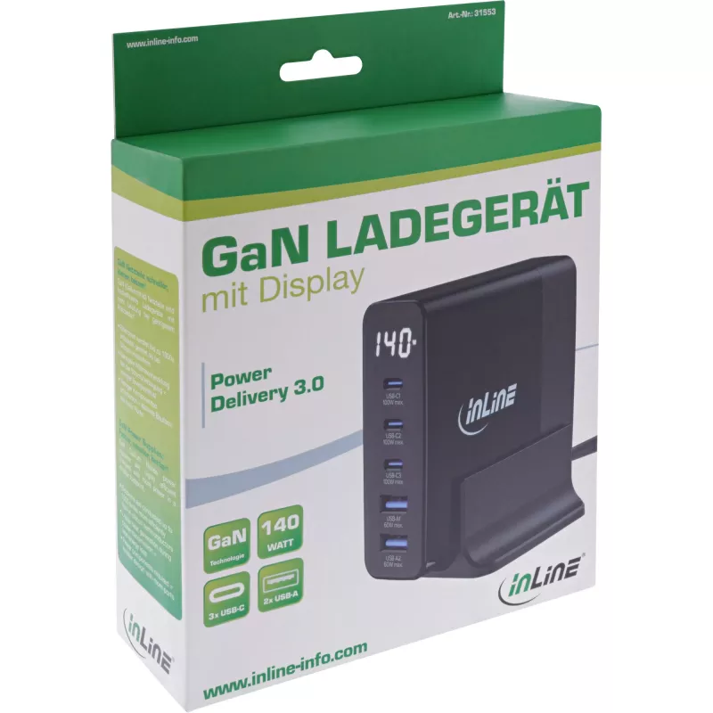 InLine USB PD toiteplokk, GaN laadija, 5 pordiga, USB-C + USB-A, 140 W, ekraaniga