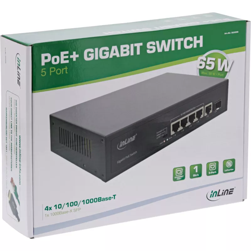 Haldamata kommutaator InLine PoE+ Gigabit võrgu kommutaator 5 porti 4x PoE+ 1xSFP 1 Gb/s lauaarvuti