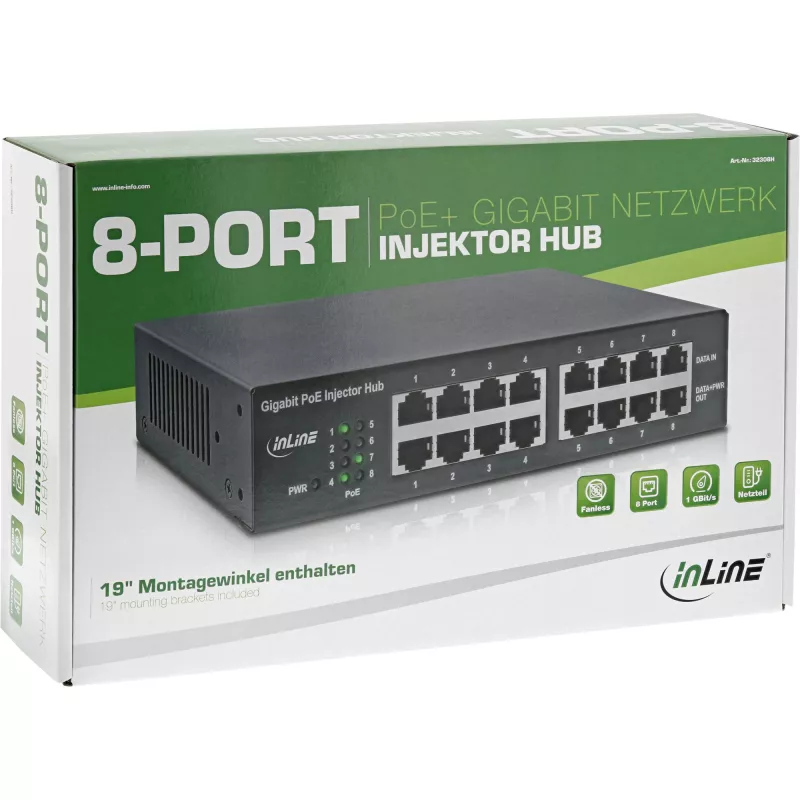 InLine PoE+ Gigabit võrgusisestusjaotur 8 porti (8x PoE+), 1Gb/s, 19 tolli 1U