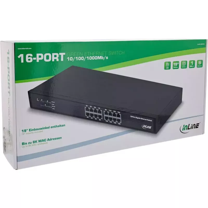 InLine Gigabit võrgukommutaator 16 pordiga, 1 Gb/s, 19-tolline 1U, ventilaatorita