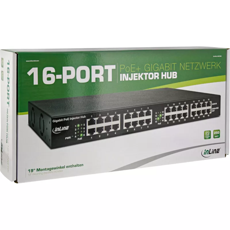 InLine PoE+ Gigabit Injector Hub 16 Port PoE+, 19 inch1U, kronsteinid kaasas, 2 ventilaatorit