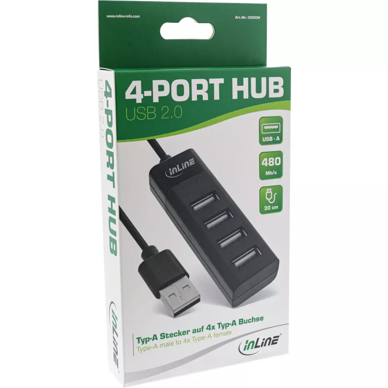 InLine USB 2.0 4-pordiline jaotur, Type-A-pistik 4x Type-A emasele, must, 30cm, õhuke