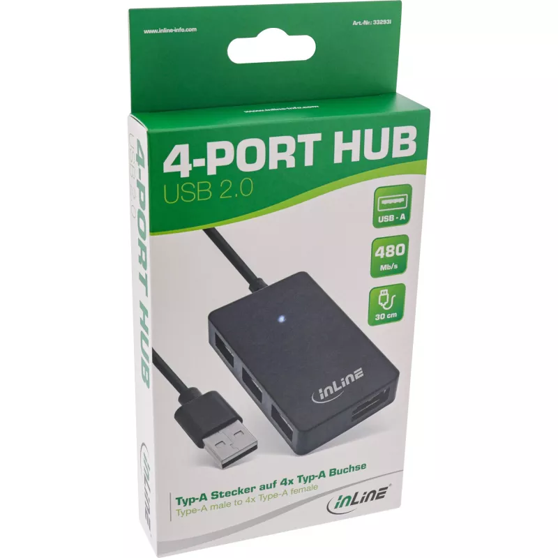 InLine USB 2.0 4-pordiline jaotur, A-tüüpi isane pistik 4x A-tüüpi emasesse pistikusse, must, 30 cm