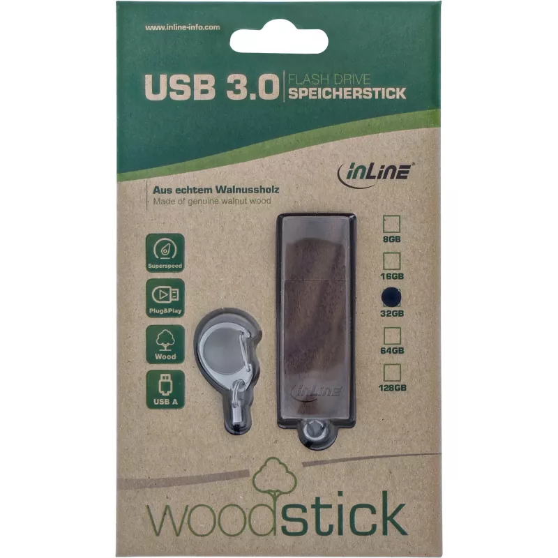 InLine USB 3.0 mälupulk, pähklipuidust, võtmehoidjaga, 64 GB